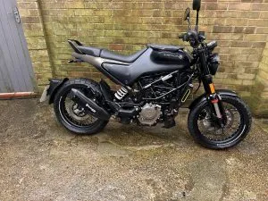 Photograph of Husqvarna svartpilen 125 motorcycle purchased in Guildford, Surrey