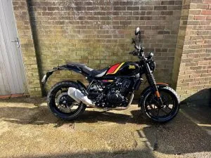 Photograph of Royal Enfield guerella 450 motorcycle purchased in Newhaven, Sussex