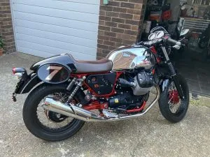 Photograph of moto guzzi v7 racer motorcycle purchased in Burgess Hill, Sussex